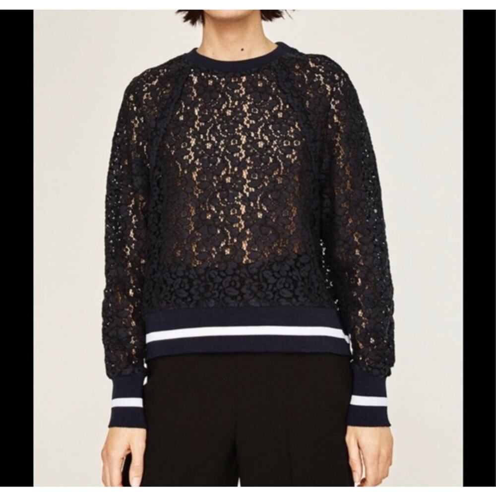 Zara Woman Lace Long Sleeve Navy Hem Sweatshirt Crew Neck Crop Top- XS